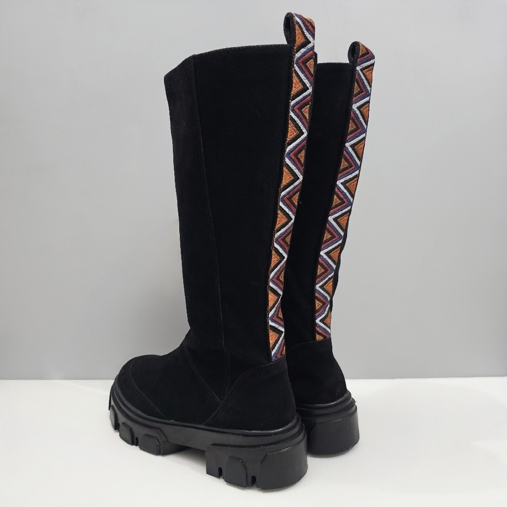 Farm Rio Tall Combat Boot Womens 7 Black Vegan Platform Boho Embroidered NEW